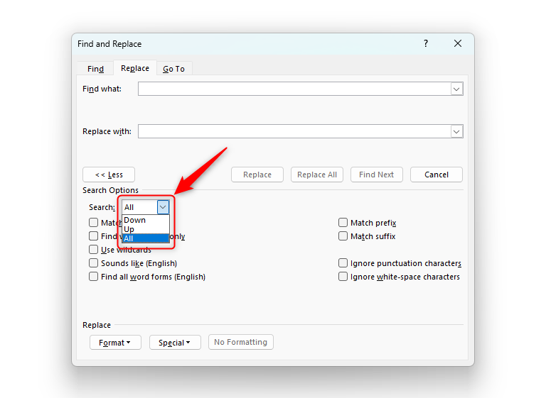 Word document showing the 'Find And Replace' window open and the 'Search' drop-down options open.