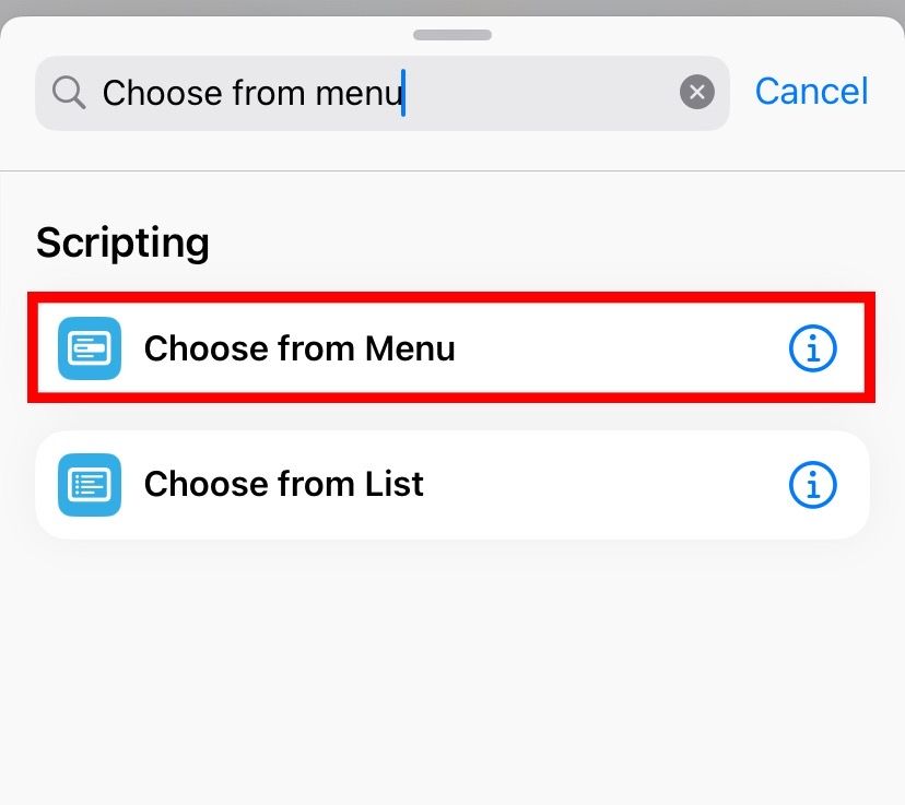 Search for the Choose from Menu action and add it to the shortcut