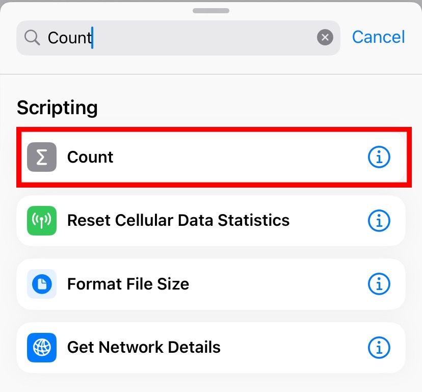 Search for the Count action and add it to the shortcut