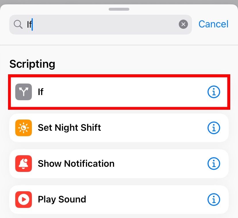 Search for the If action and add it to the shortcut