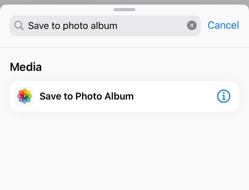 Search for the Save to Photo Album action and add it to the shortcut