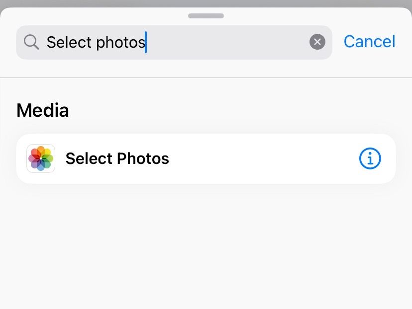 Search for the Select Photos action and add it to the shortcut