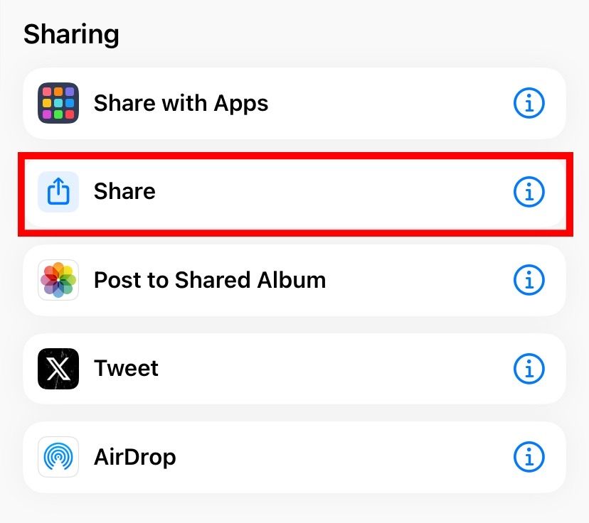 Search for the Share action and add it to the shortcut