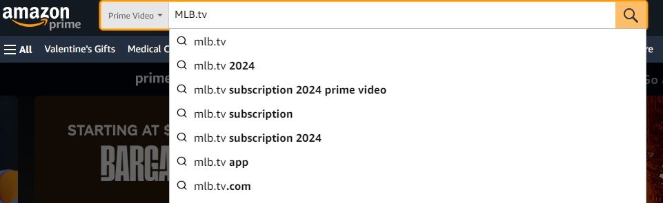 Searching for MLB.tv at the top of Amazon. 
