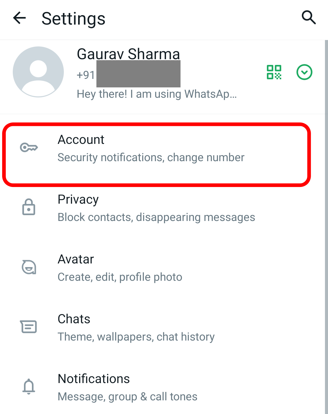 Go to Account settings from WhatsApp Profile menu.