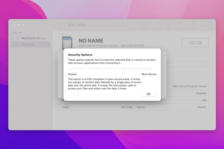 Security Options for formatting an SD card on Mac.