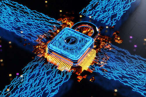 Security padlock and futuristic circuit board