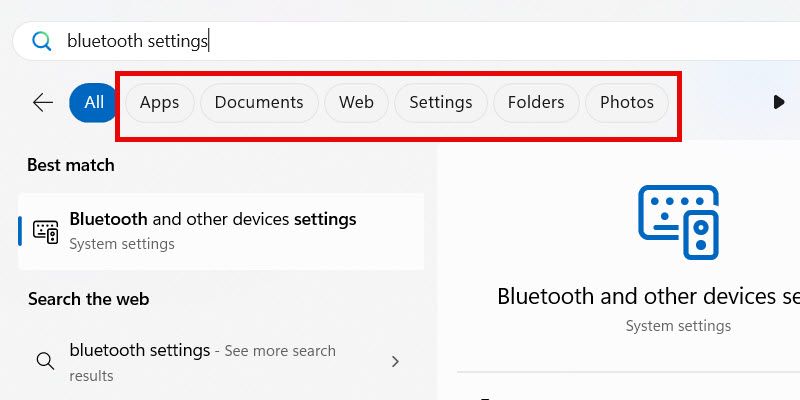 The categories of Windows Search.