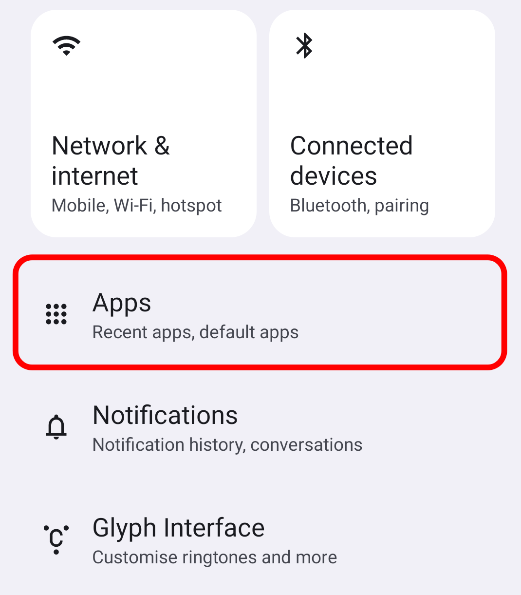 The Apps option under Settings on Nothing OS.