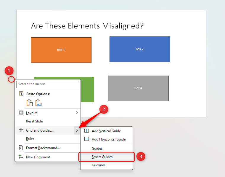 PPT presentation demonstrating how to access the Smart Guides by right-clicking on the gray area, opening 'Grid And Guides', and selecting 'Smart Guides'.