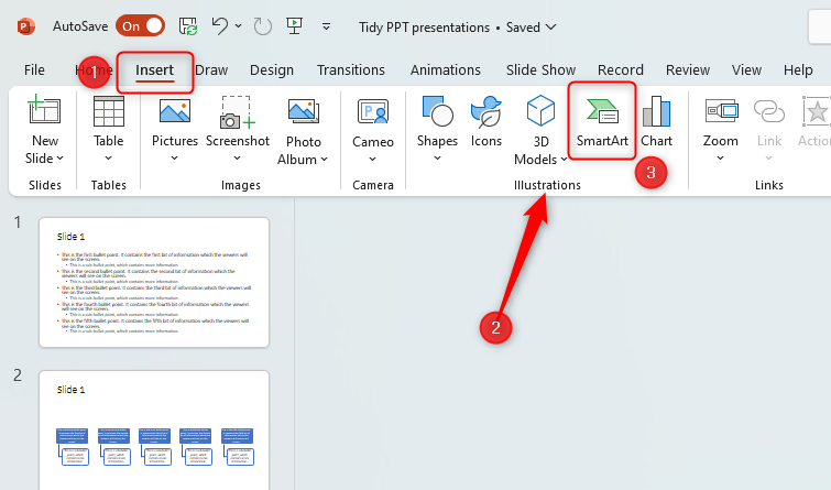 PPT window showing where to access the SmartArt option within the 'Illustrations' group of the 'Insert' tab.