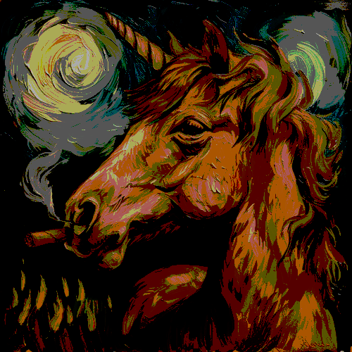 A Smoking Unicorn in the style of Van Gogh.