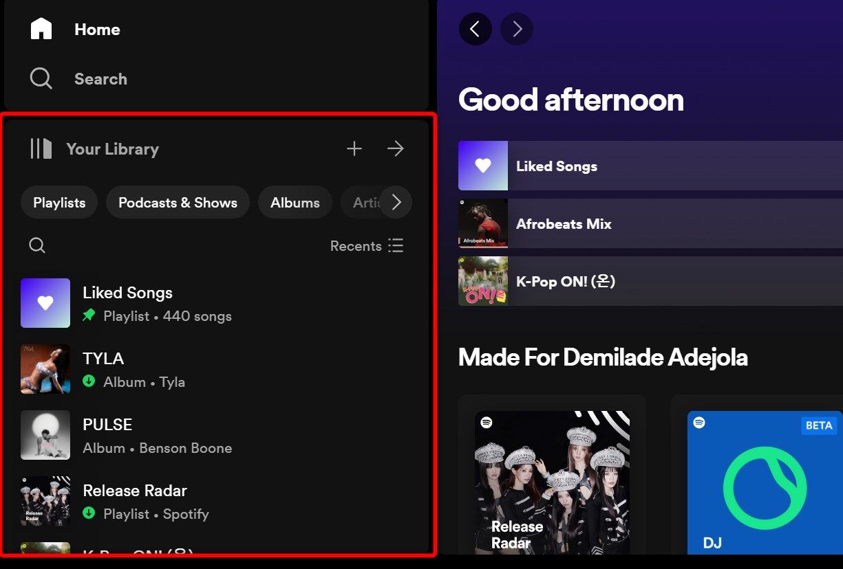 The Spotify home page on the Desktop app