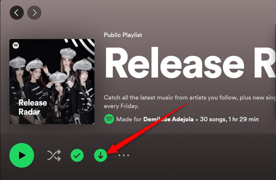 The Release Radar Playlist with the download button in green indicating it has been downloaded