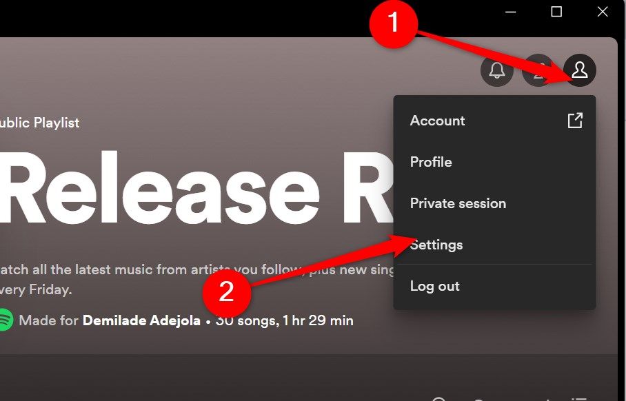 Spotify account options on the dektop app