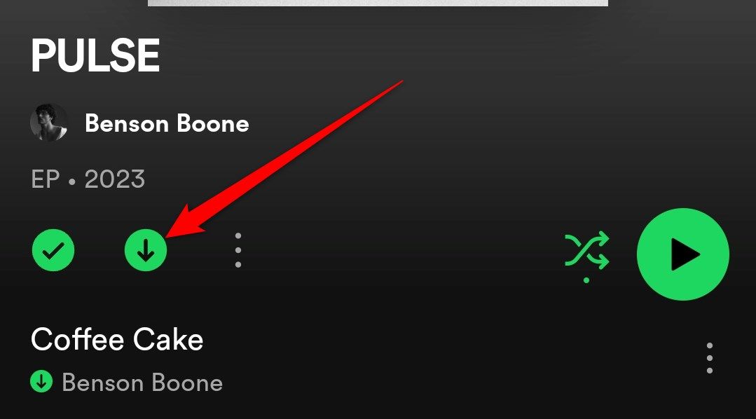 The Spotify Album page of Benson Boone's 'Pulse' with the download button in green indicating it has been downloaded