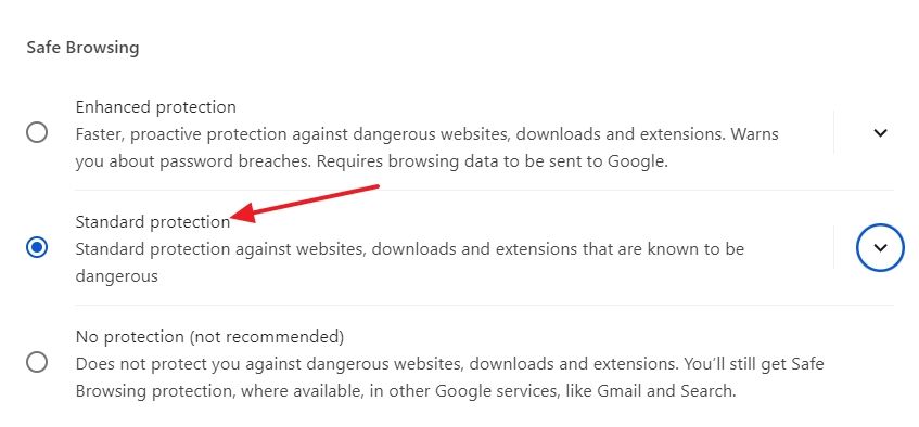 Standard Protection option Chrome Settings menu.