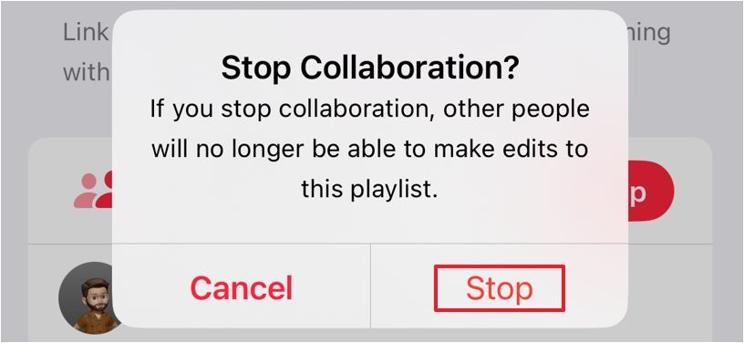 Confirming you want to stop collaboration on a playlist.