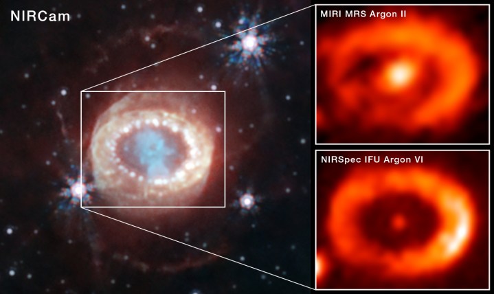 The James Webb Space Telescope has observed the best evidence yet for emission from a neutron star at the site of a well-known and recently-observed supernova known as SN 1987A. At left is a NIRCam (Near-Infrared Camera) image released in 2023. The image at top right shows light from singly ionized argon (Argon II) captured by the Medium Resolution Spectrograph (MRS) mode of MIRI (Mid-Infrared Instrument). The image at bottom right shows light from multiply ionized argon captured by the NIRSpec (Near-Infrared Spectrograph). Both instruments show a strong signal from the center of the supernova remnant. This indicated to the science team that there is a source of high-energy radiation there, most likely a neutron star.