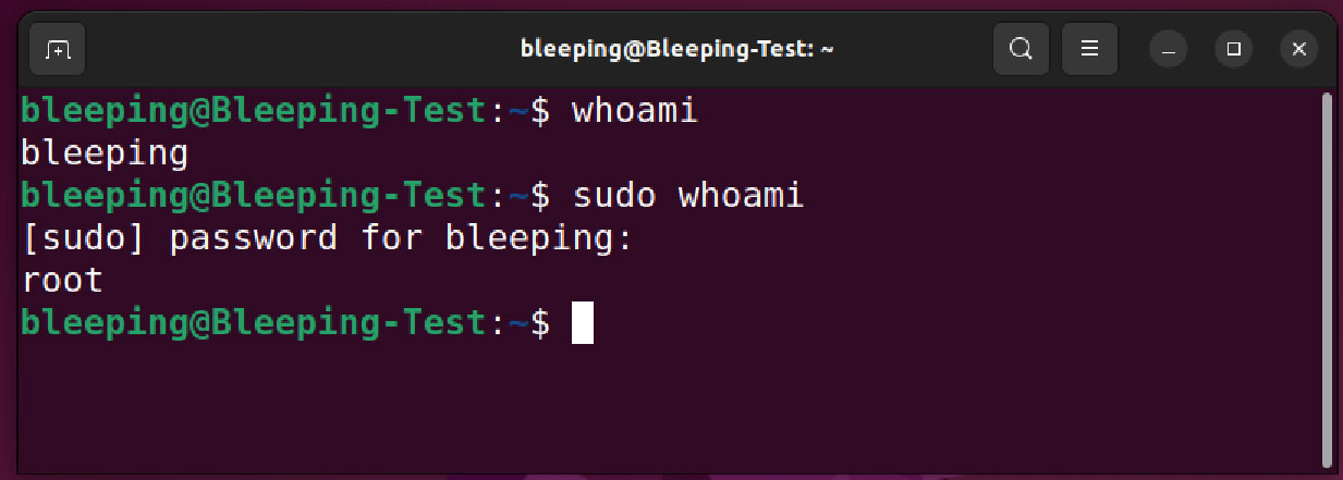 Demonstrating the sudo command using whoami