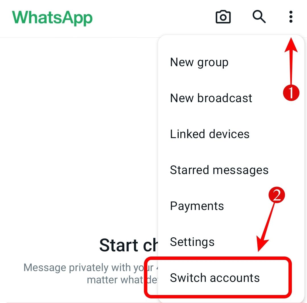 Switch between multiple WhatsApp Accounts from the three dots menu.