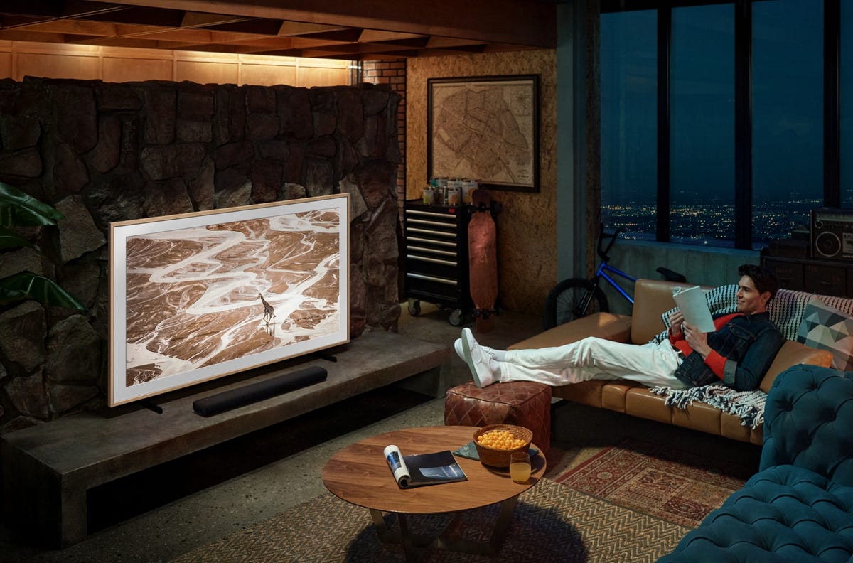 A cozy living room with Samsung's The Frame TV.