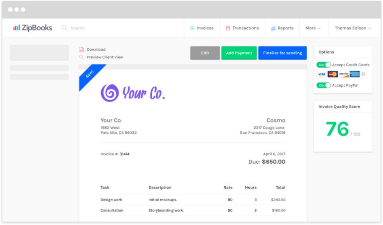 An example of an invoice in ZipBooks.