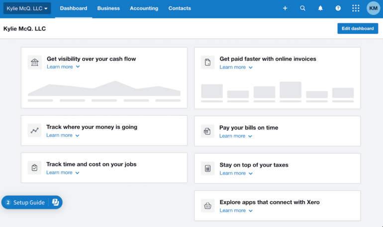 Xero's comprehensive but easy-to-scan dashboard ensures users can access all their most important financial data upfront while quickly accessing crucial financial tools.