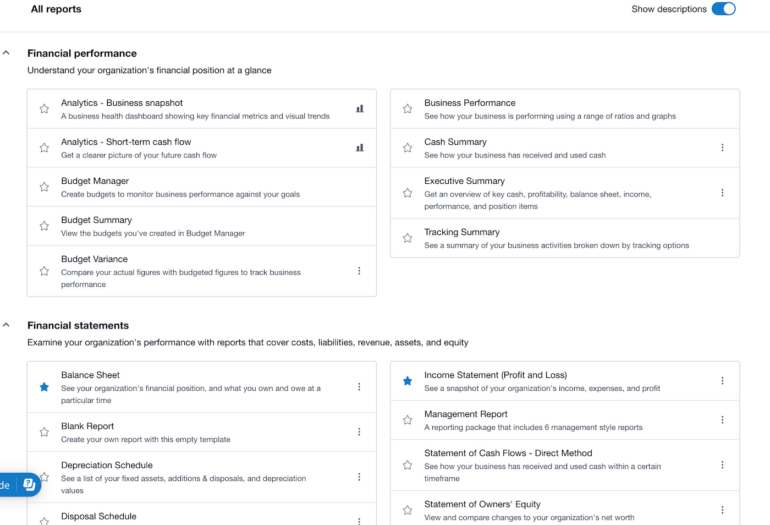 Xero's extensive reports are grouped by category and include financial performance reports, financial statements, payable and receivable reports, tax reports and more.