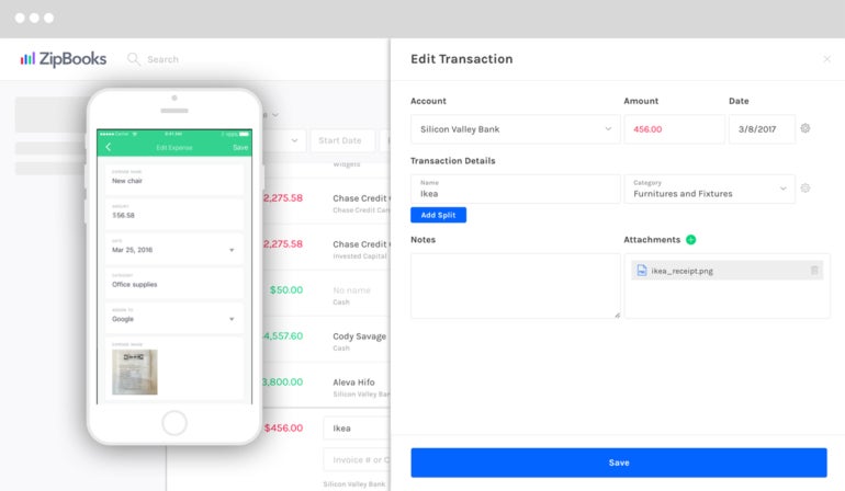Track your expenses with the ZipBooks mobile app and add any applicable information for your records.