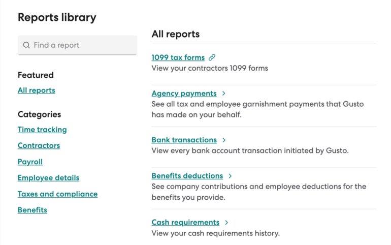 Gusto's thorough reporting dashboard lets you create new reports and gives you easy access to historic data.