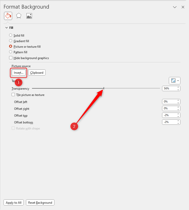 The 'Format Background' pane open in PPT, with the transparency slider highlighted.