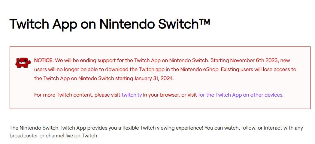 The notice that Twitch is discontinuing the Nintendo Switch app.