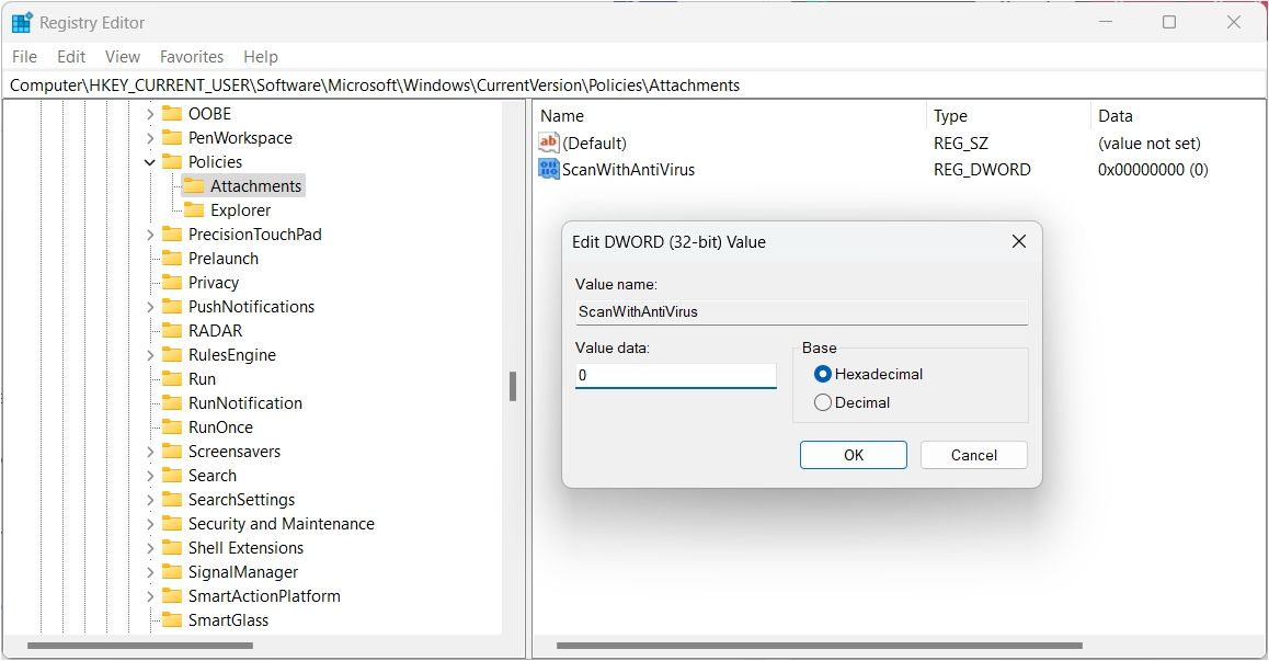 Typing 0 in the Value data field of ScanWithAntiVirus value.