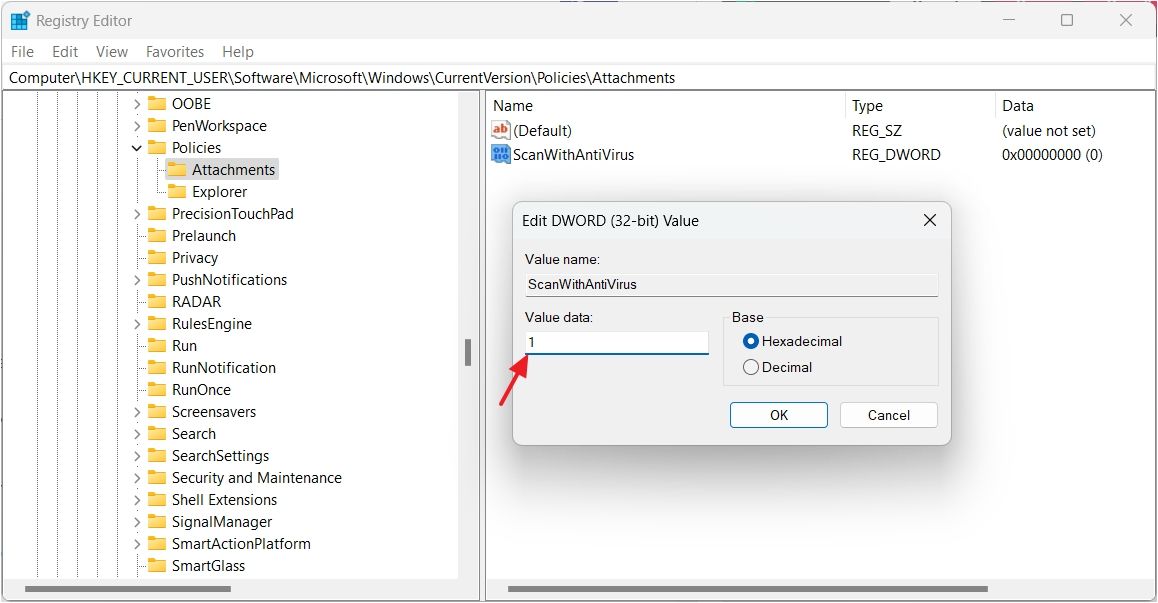 Typing 1 in the Value data field of ScanWithAntiVirus value.