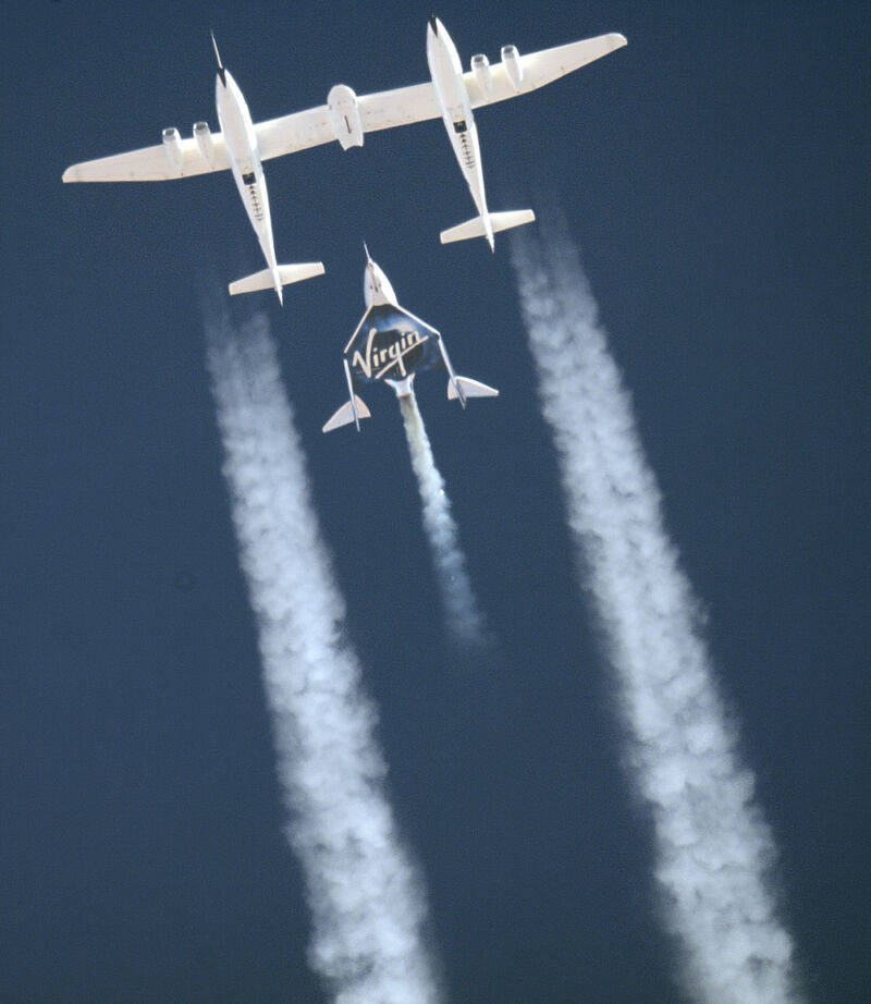 Virgin Galactic's VSS Unity rocket plane ignites its rocket motor moments after release from a jet-powered carrier aircraft high above New Mexico.