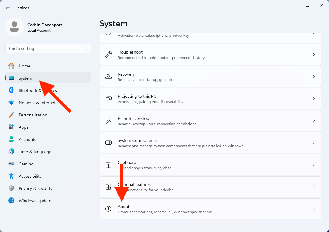 Opening the About page in Windows settings.