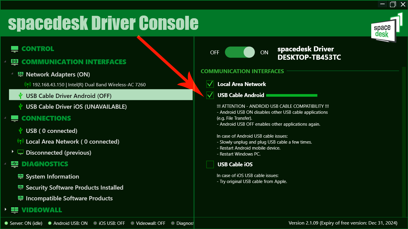 USB Cable Android option being highlighted on the Spacedesk console