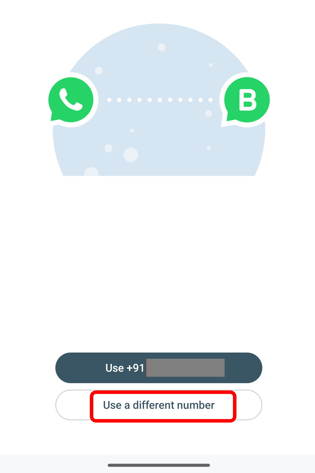 Tap the Use Different Number on WhatsApp Business app.