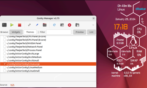 The victorConky widget enabled and visible on an Ubuntu desktop.