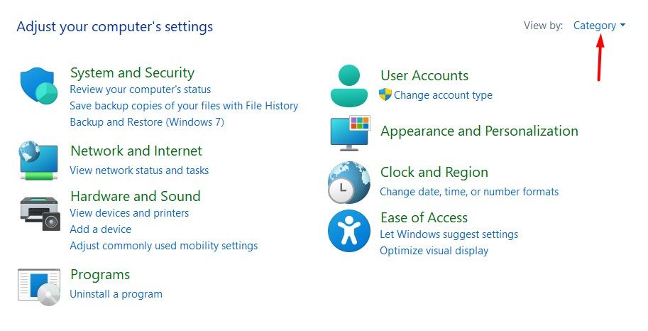 View by option in the Control Panel.