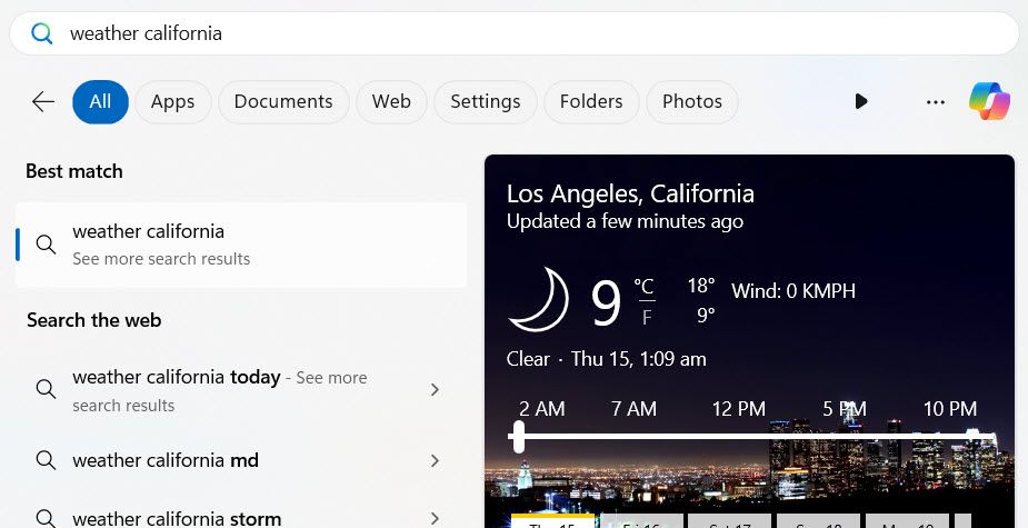 Checking the weather in California on using Windows Search.