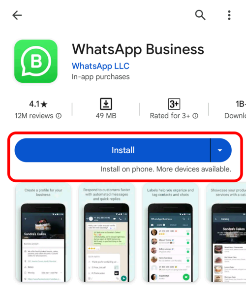 Install WhatsApp Business from listing on Google Play Store.