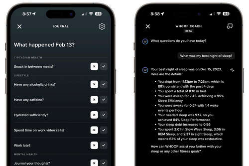 The journal and Whoop Coach features in the Whoop app.