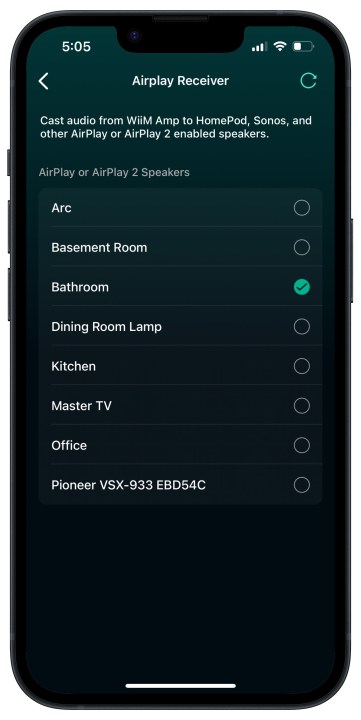 Wiim app for iOS: AirPlay output options.