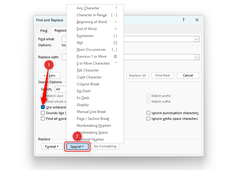 Word document showing where to find the wildcard special characters in the 'Find And Replace' window.