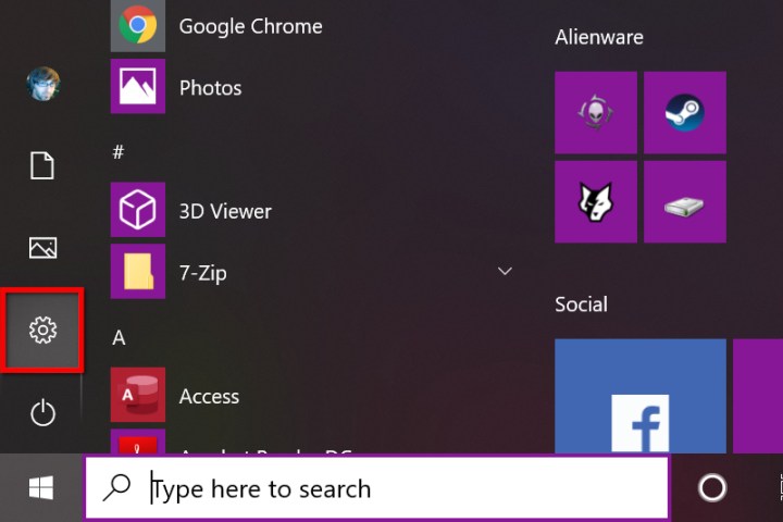 Selecting the Settings icon in Windows 10.