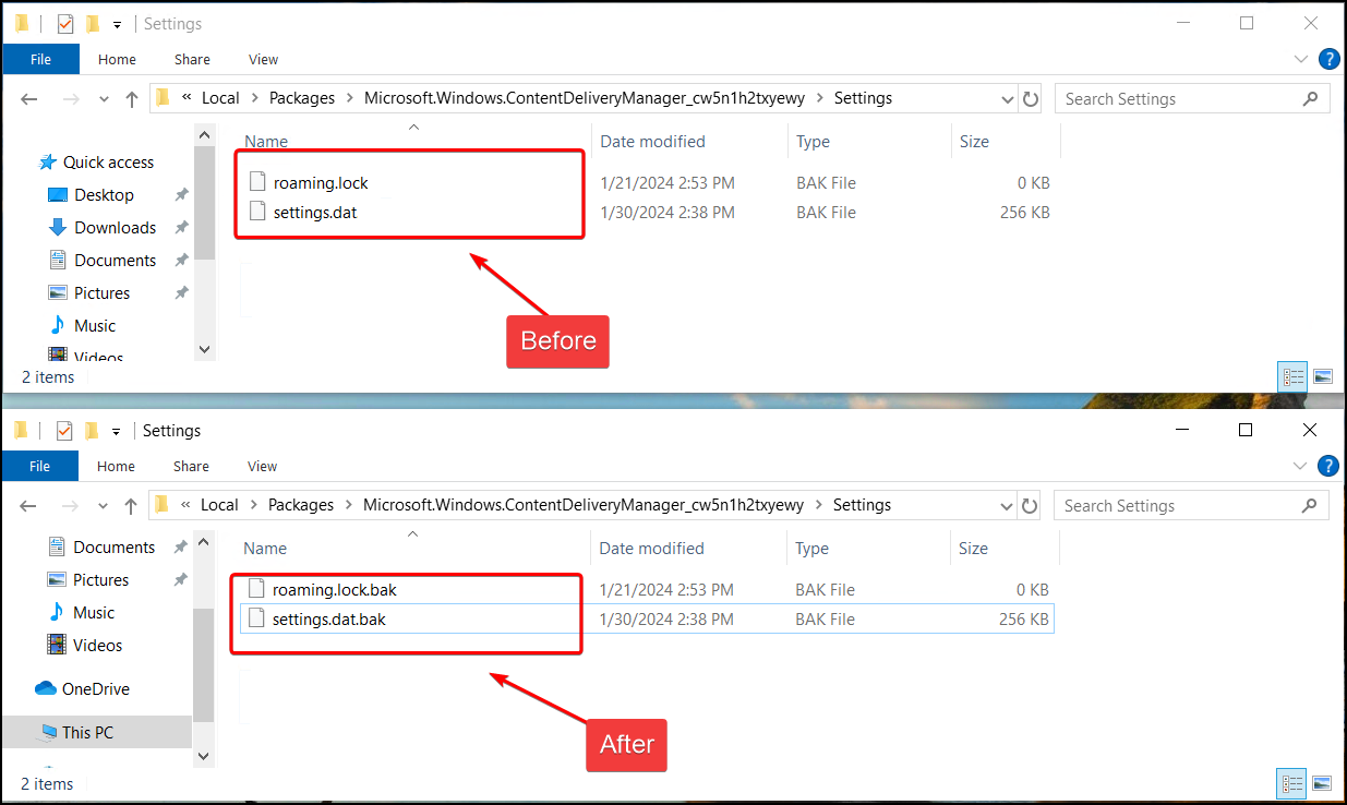 Windows 10 desktop showing two File Explorer sessions in side-by-side comparison.