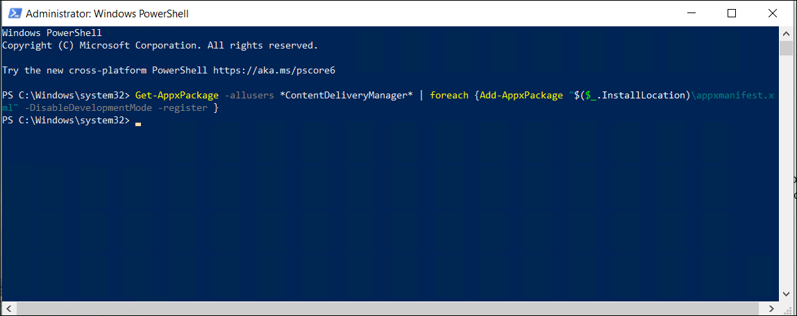 Windows 10 PowerShell console running a command.