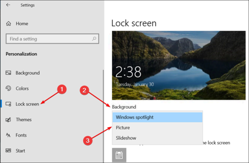 Windows 10 settings app showing the Windows Spotlight personalization option.